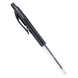 Retractable black plastic ballpoint pen with transparent lower barrel for office use