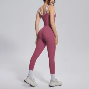 Ribbed contrast tank top and high waist leggings yoga set, breathable activewear suit.