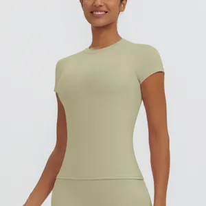 Detailed view of women's slim fit short sleeve sports t-shirt for running and yoga.