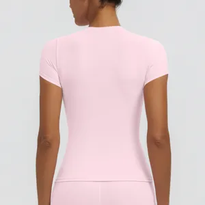 Back view of women pink short sleeve quick dry sports t-shirt, slim fit fitness activewear.