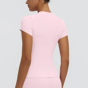 Women's pink short sleeve slim fit quick dry sports fitness yoga top back view detail.