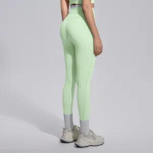 Legging de yoga vert clair taille haute pour femme, parfait pour le fitness, le sport et la course.