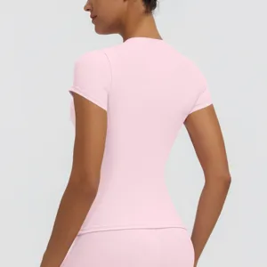 Women's pink short sleeve quick dry sports t-shirt back view detail for fitness and yoga.