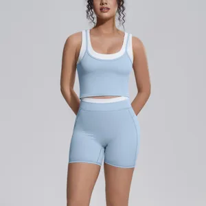 Colorblock yoga set sports tank top and shorts breathable fitness activewear for women