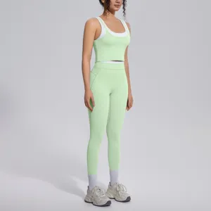 Women two piece yoga set athletic sports bra crop top high waist fitness leggings gym outfit.