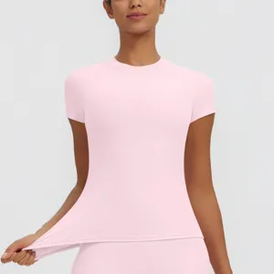 Pink slim-fit short sleeve sports top, quick-dry fitness yoga tee for women activewear.