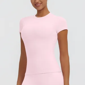 Pink short sleeve quick drying yoga fitness sports slim fit t shirt for women running activewear