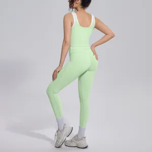 Women light green ribbed yoga set activewear sleeveless tank top and high waist fitness leggings