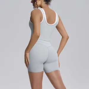 Women contrast color yoga set athletic tank top and shorts breathable fitness sportswear.