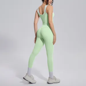 Green seamless yoga set women gym two piece crop tank top high waist leggings activewear