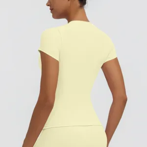 Light yellow short sleeve sports top, slim fit fitness workout shirt for women running yoga.