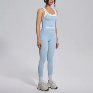 Light blue colorblock ribbed sports bra and yoga leggings set, breathable fitness outfit.