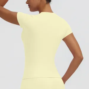 Women slim fit short sleeve yoga t-shirt back view detail for fitness running workout apparel