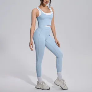 Women activewear set seamless ribbed yoga crop top and high waist leggings fitness outfit.