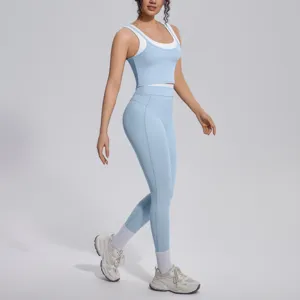 Close up detail of color-blocked activewear sports bra and leggings set for yoga.