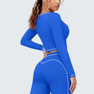 Blaues Langarm Sportoberteil Leggings Set mit Paspelierung Fitness Yoga Sportbekleidung Damen