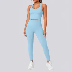 Close-up details of the light blue seamless sports bra and high-waist yoga leggings set.
