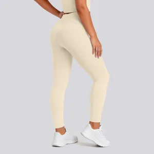 Detailed view of high-waist seamless yoga pants, nude feel workout leggings with butt lift design.