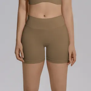 Seamless knitted high waist yoga shorts detail view, athletic fitness gym workout apparel.