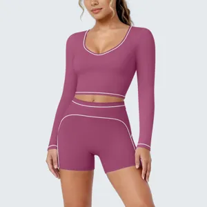 Women color block long sleeve crop top and matching shorts yoga set activewear fitness