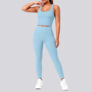 Light blue seamless activewear set, ribbed sports bra and high waist fitness yoga leggings.