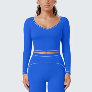 Blaues Kontrast Langarm Crop Top Sport Fitness Yoga Set Detailansicht mit hoher Elastizität
