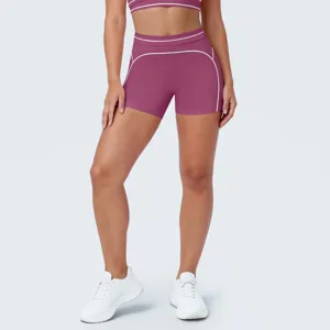 Detail weergave dames yoga korte broek hoge taille contrast piping ademend elastisch