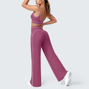 Completo yoga donna profilo contrasto top corto pantaloni flare fitness corsa sport due pezzi