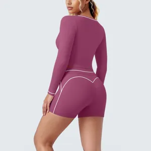 Women long sleeve crop top shorts yoga set athletic fitness workout activewear apparel