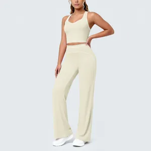 Ensemble haut court passepoil contrasté et pantalon large de yoga pour femme fitness
