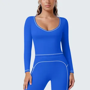 Damen blau sportlich langarm Oberteil und Leggings Detail, atmungsaktiv elastische Sportkleidung.