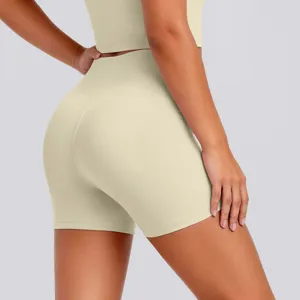 High waist yoga shorts detail view, stretchy breathable fabric for active fitness workouts.