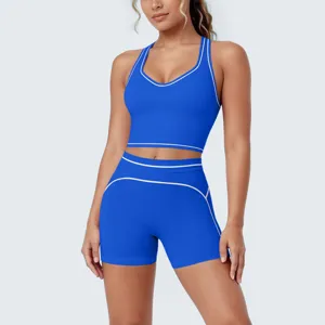 Blue contrast piping brushed racerback fitness yoga set activewear for women workout.