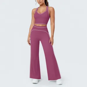 Ensemble de yoga crop top dos nageur et pantalon large à lignes contrastées femme