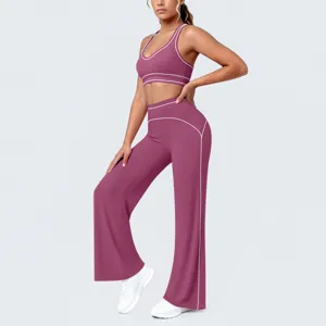 Completo yoga due pezzi reggiseno sportivo piping pantaloni svasati fitness abbigliamento