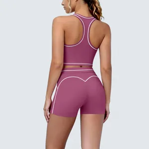 Back detail of contrast piping sports bra and tight yoga shorts set for fitness.
