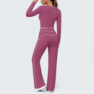 Damen Langarm Crop Top Schlag Yoga Hosen Set Detailansicht zeigt Sportbekleidung Passform Stil.