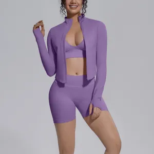 Seamless solid color high elasticity sports 3-piece set yoga running fitness workout wear