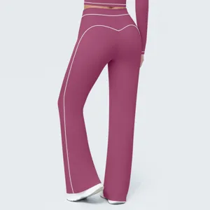 Back detail view of high-waisted contrast piping flare pants, casual sports yoga activewear.