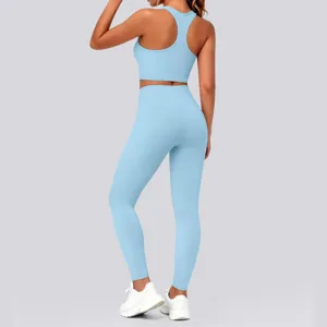 Women sports yoga set two piece workout fitness running backless activewear detail