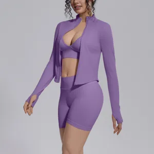 Purple seamless 3-piece activewear set featuring zip jacket, sports bra, and shorts.