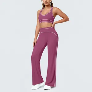 Set yoga con piping a contrasto due pezzi abbigliamento sportivo fitness dettaglio
