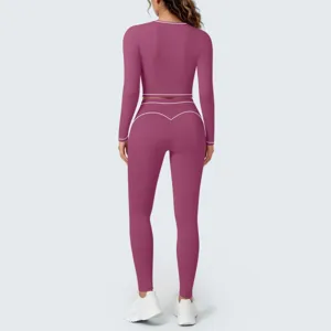 Women long sleeve yoga crop top and leggings fitness activewear set back view detail