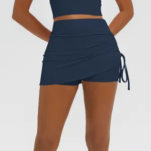 Ruched fake two-piece yoga skort detail, high stretch breathable athletic fitness shorts.