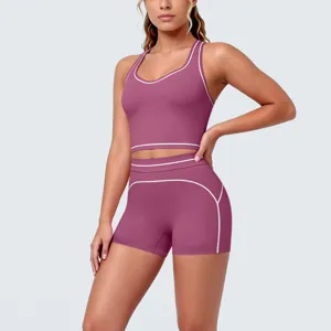 Contrast piping yoga set detail view, showing brushed fabric and racerback design for fitness.