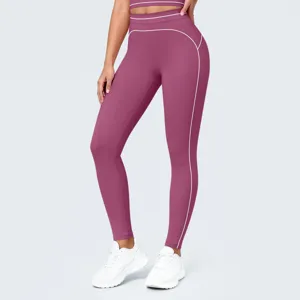 Pantalones de yoga de cintura alta para mujer con ribetes en contraste para fitness.