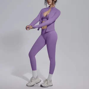 Set sportivo viola senza cuciture, tuta da yoga fitness traspirante a vita alta.