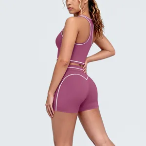 Women contrast piping athletic sports bra and shorts yoga fitness activewear gym set.