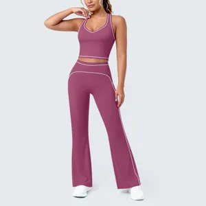 Top court dos nageur passepoil contrasté pantalon flare yoga fitness ensemble pour femmes