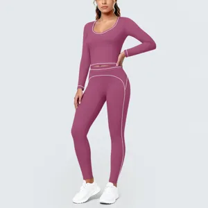 Long sleeve contrast piping ribbed yoga set detail showing fit and premium athletic sportswear design.